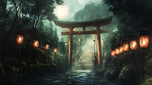 Moonlit torii gateway with lantern-lit stone stairway path.