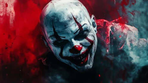Menacing red-nosed clown drifting through smoke and shadow.