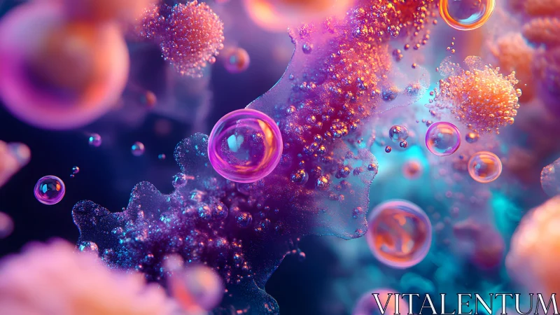 Abstract microscopic cells and bubbles with glowing neon colors.