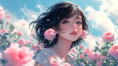 Soft wind crowns a rose garden muse in skybright bloom.