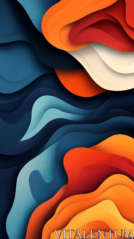 Layered abstract color waves in teal, orange, and red forms.