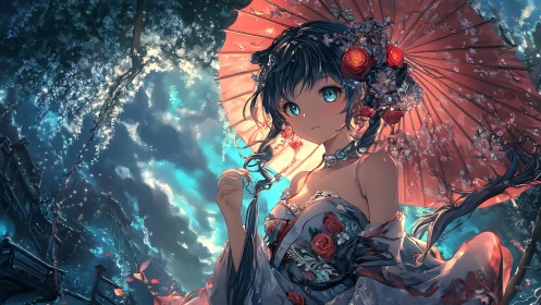 Blossom-kissed girl stands beneath a glowing cherry sky