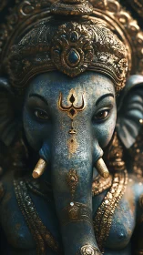 Blue elephant deity sculpture shows ornate golden detailing