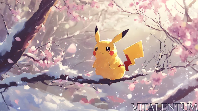 Pikachu on snow‑dusted sakura branch under diffuse spring light.
