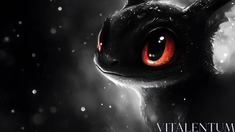 Black dragon close-up with glowing red eyes in mist.