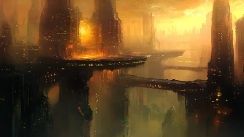 Burning sunset engulfs a towering futuristic bridge city