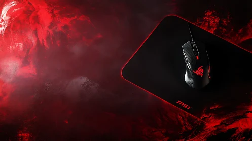 Gaming mouse on neon red pad glows against abstract backdrop.