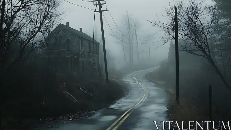 Rain-slick ghost road curls past a forgotten farmhouse