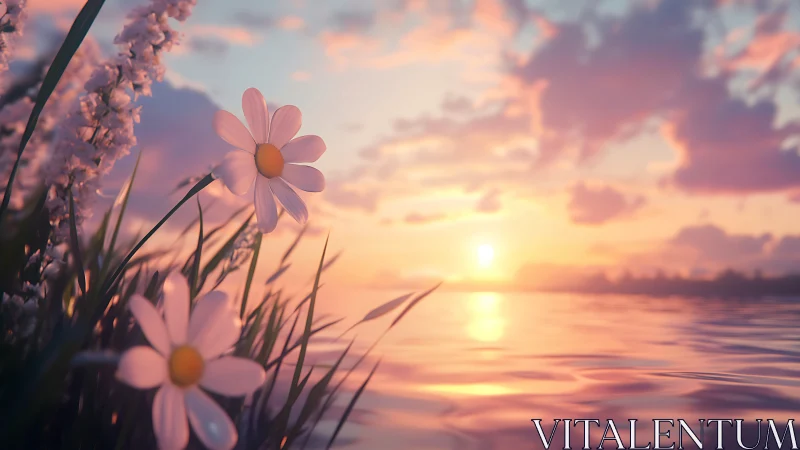 Soft daisies by a glowing lakeside sunset horizon.