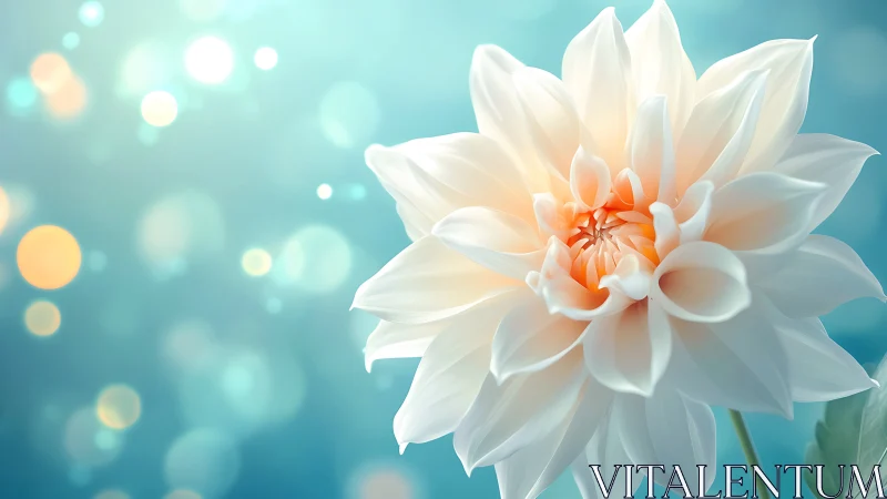 White dahlia with orange center against turquoise bokeh background