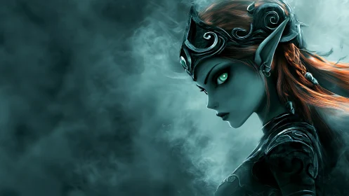 Dark elven sorceress in teal mist, cinematic digital portrait.