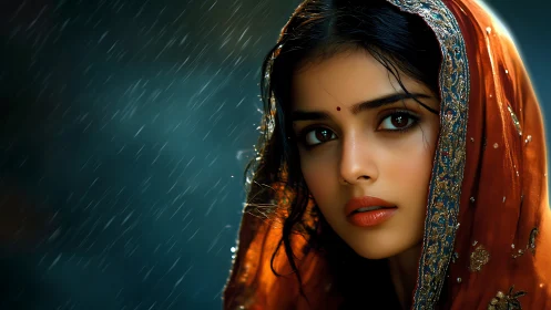 Portrait of woman in embroidered veil under rainfall