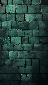 Vertical view shows worn green stone block wall texture