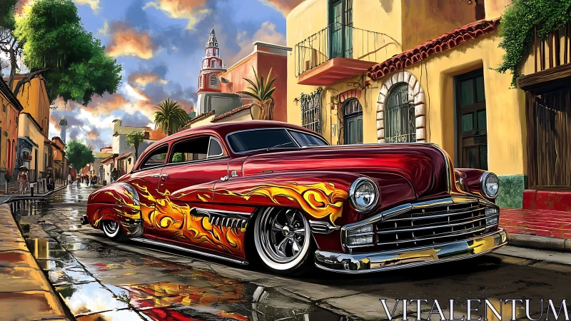 Lowrider coupe with chrome and flame livery in colonial street.