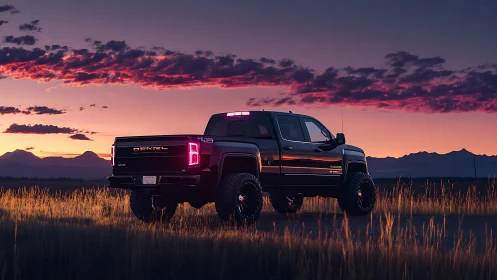 Lifted black pickup truck idles against vivid mountain sunset