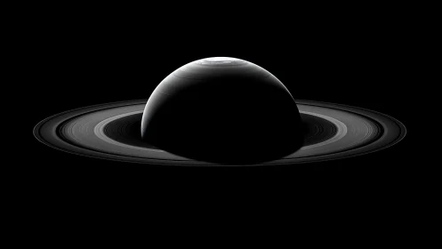 Saturn ring plane portrait with polar storm detail.