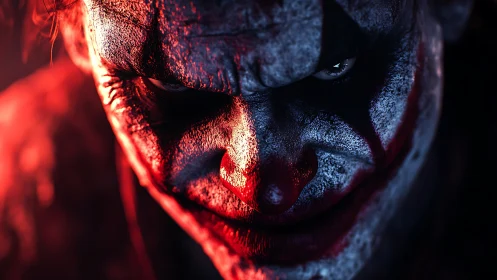 Sinister clown close-up under intense red side lighting.