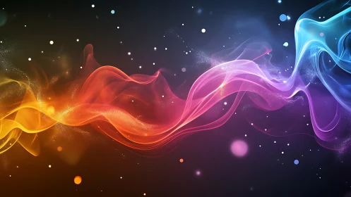 Chromatic energy waves form translucent ribbons across dark field