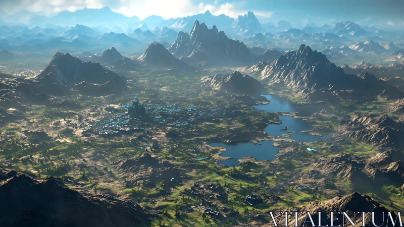 Futuristic mountain valley megacity with lakes and blue domes