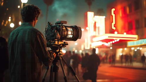 Night street filmmaker with cinema camera and neon lights.