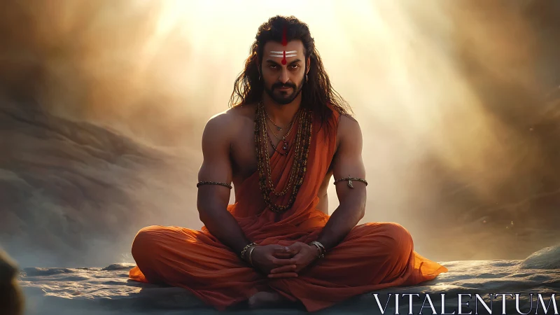 Serene yogi meditates in golden divine mountain light