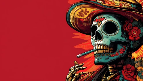 Skeleton in floral sombrero smokes calmly on red backdrop