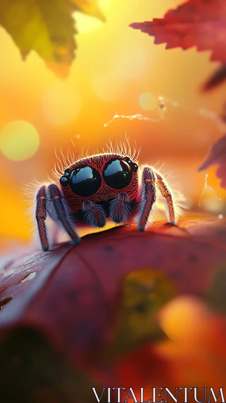 Curious fuzzy spider basking in cozy golden autumn glow.