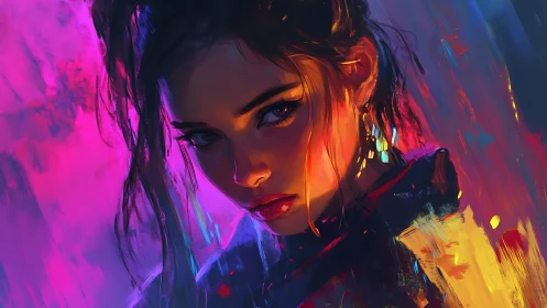 Moody neon portrait captures a young woman in vivid light