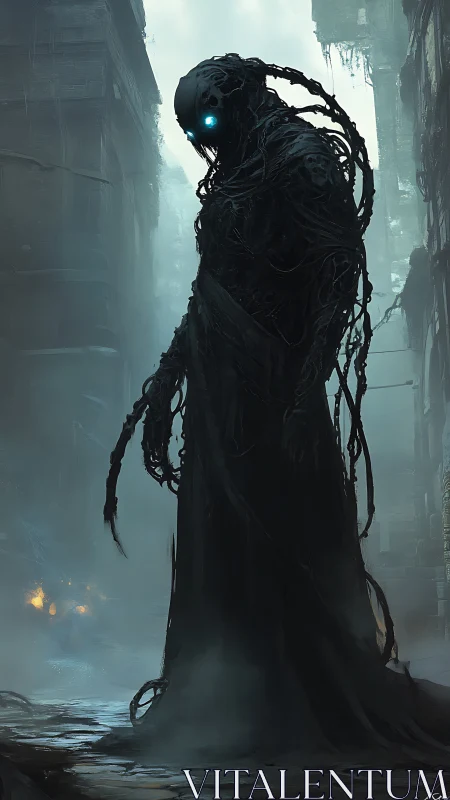 Wreathed cyber wraith towers over foggy ruined alleyway.
