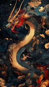 Serpentine celestial dragon in turbulent chromatic vortex field.