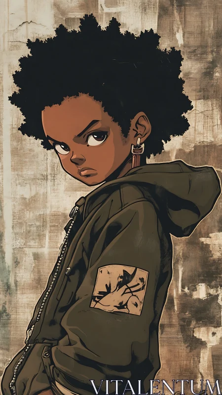 Defiant young figure stands in hooded jacket before worn wall