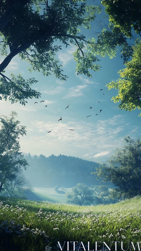 Sunlit valley meadow opens under clear blue morning sky