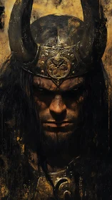 Horned warrior portrait in dark, textured armor art.