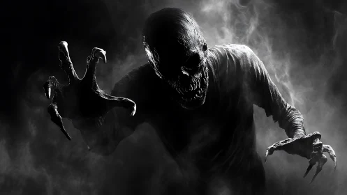 Skeletal shadow creature reaches forward through swirling smoke