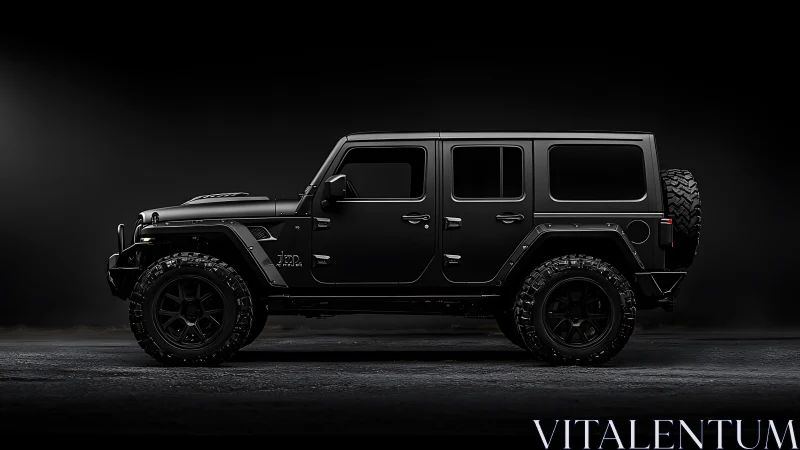 Photorealistic side-profile studio render of black off-road SUV.
