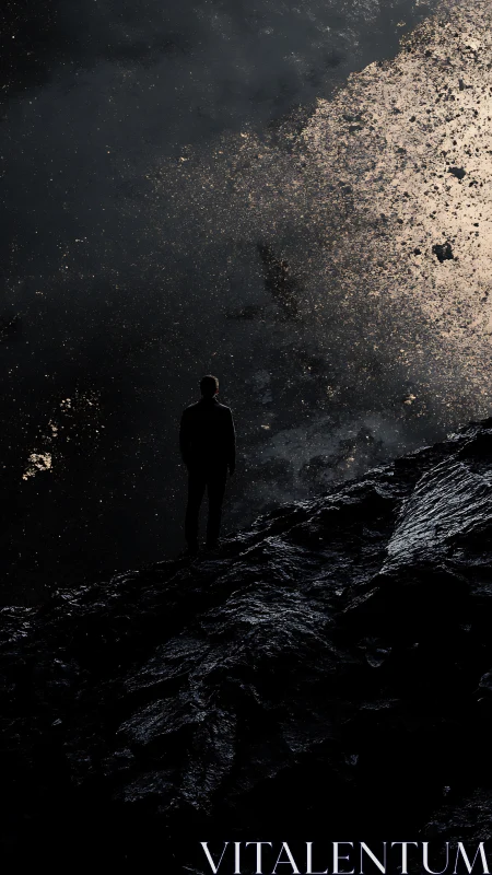 Solitary figure contemplates a cosmic void of falling light