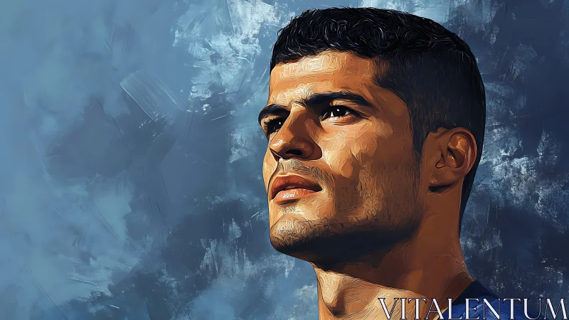 Digital portrait of determined man against textured blue sky.