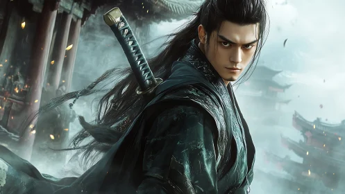 Storm-eyed wandering swordsman in ghostlit mountain citadel.