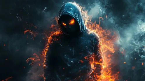 Hooded fiery figure stands in smoke with glowing orange eyes