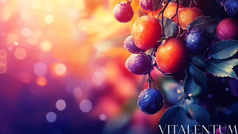 Clustered ripe fruits hang on branches against defocused light