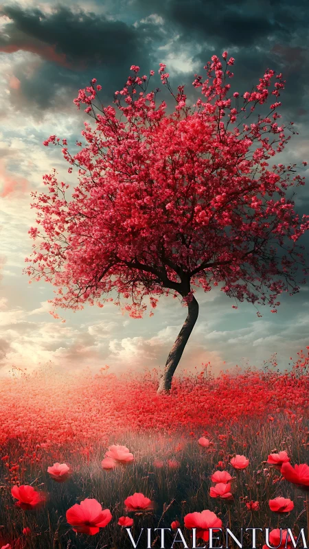 Crimson blossom tree over scarlet field at dusk.