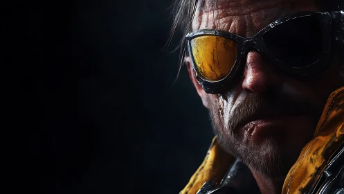Weathered tactician in reflective goggles under rim lighting.