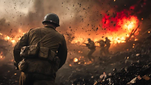 Soldier advances through burning battlefield under heavy fire