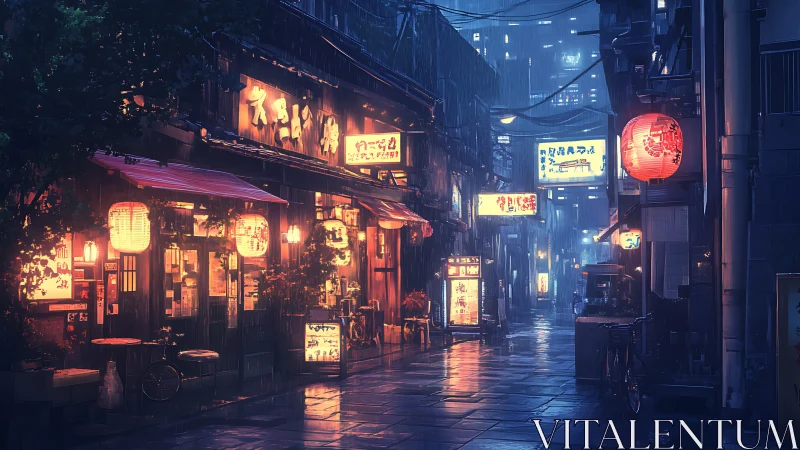 Digital painting of neon-lit rainy alleyway in urban Japan.