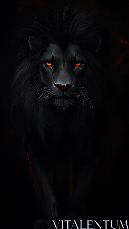 Black lion portrait with glowing red eyes on dark background.