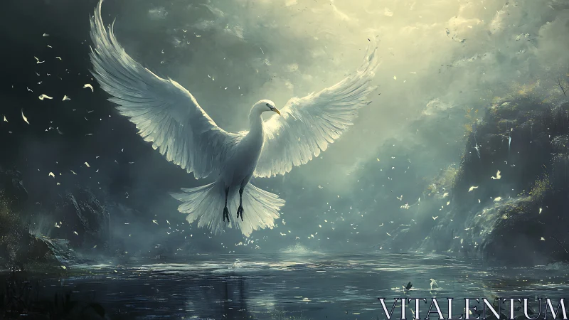 Luminous white heron ascends over a misty enchanted lake