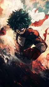 Determined anime hero charges forward through blazing clouds.