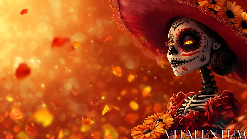 Dia de los Muertos Catrina portrait with marigolds in bokeh glow