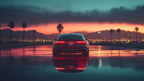 High-performance sedan reflects neon sunset on wet urban asphalt