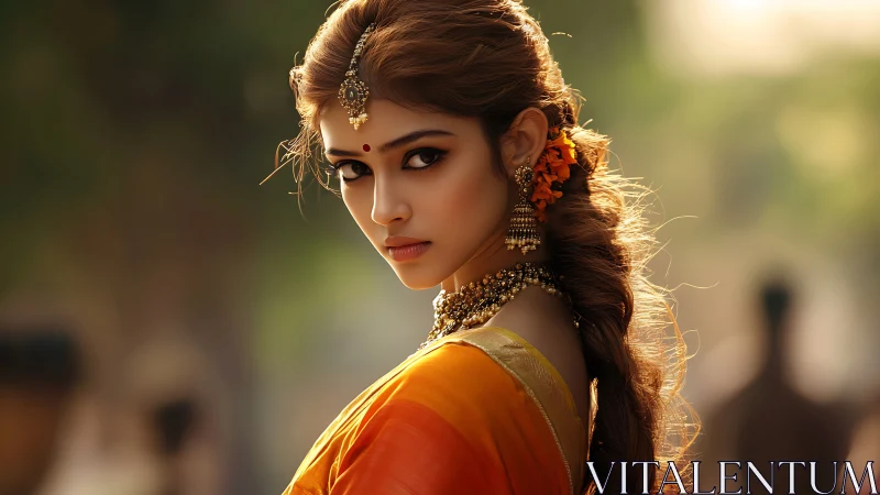 Warm backlit portrait of Indian woman in orange silk saree
